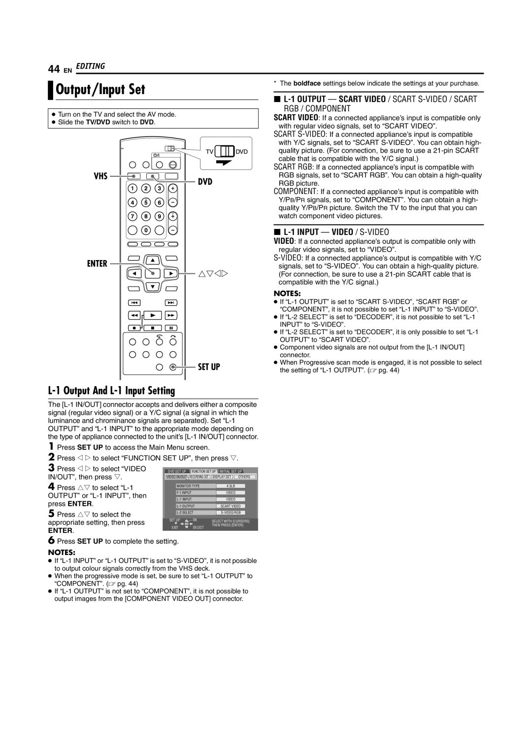 JVC DR-MV5SE manual Output/Input Set, Output And L-1 Input Setting 