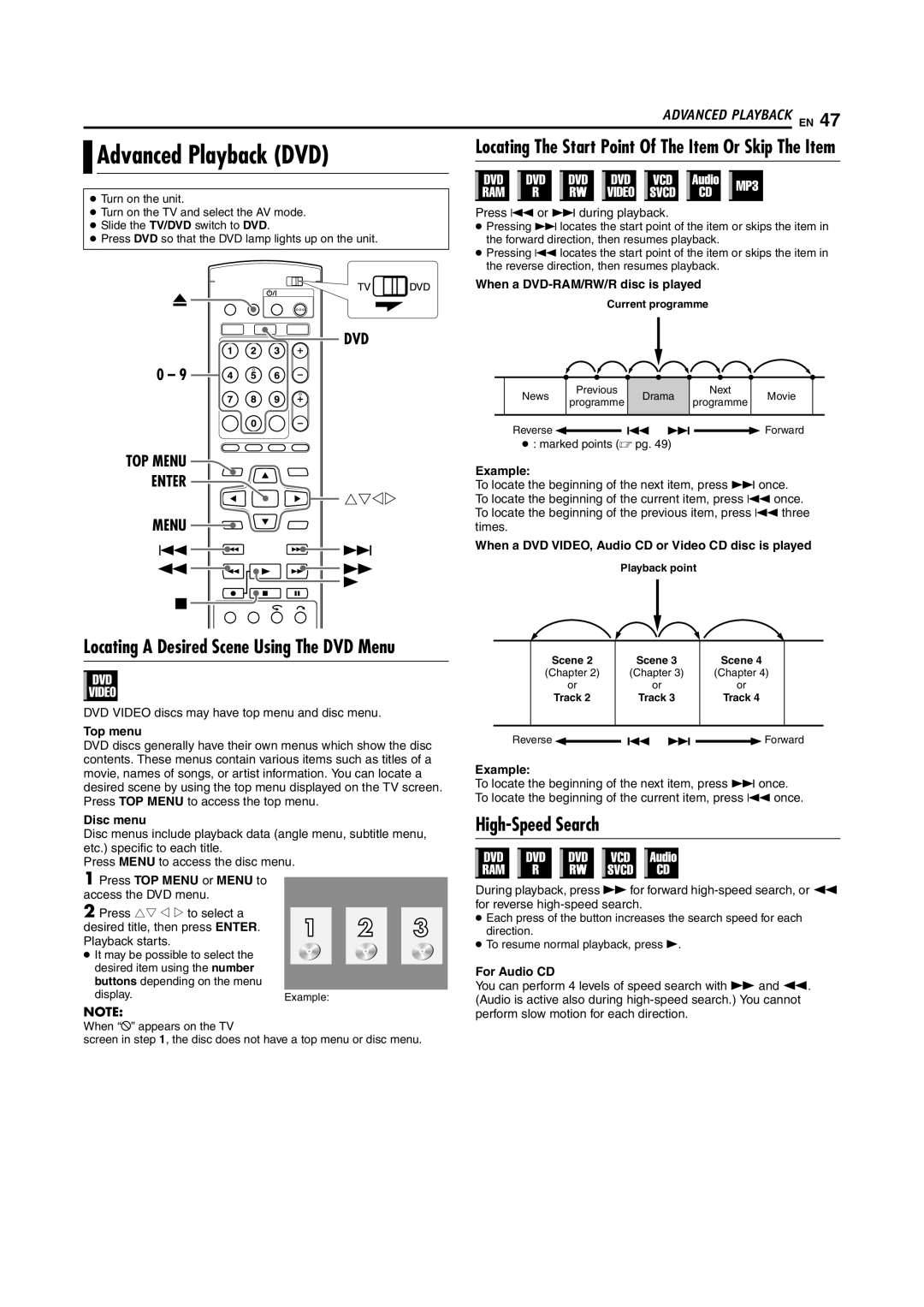 JVC DR-MV5SE manual Advanced Playback DVD, High-Speed Search, DVD TOP Menu Enter 