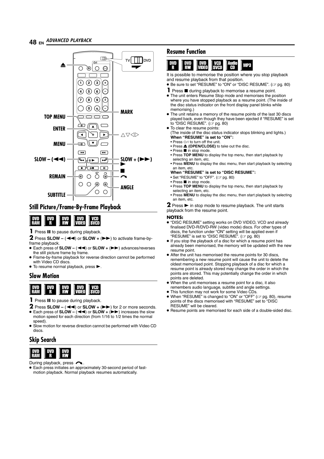 JVC DR-MV5SE manual Resume Function, Still Picture/Frame-By-Frame Playback, Slow Motion, Skip Search 