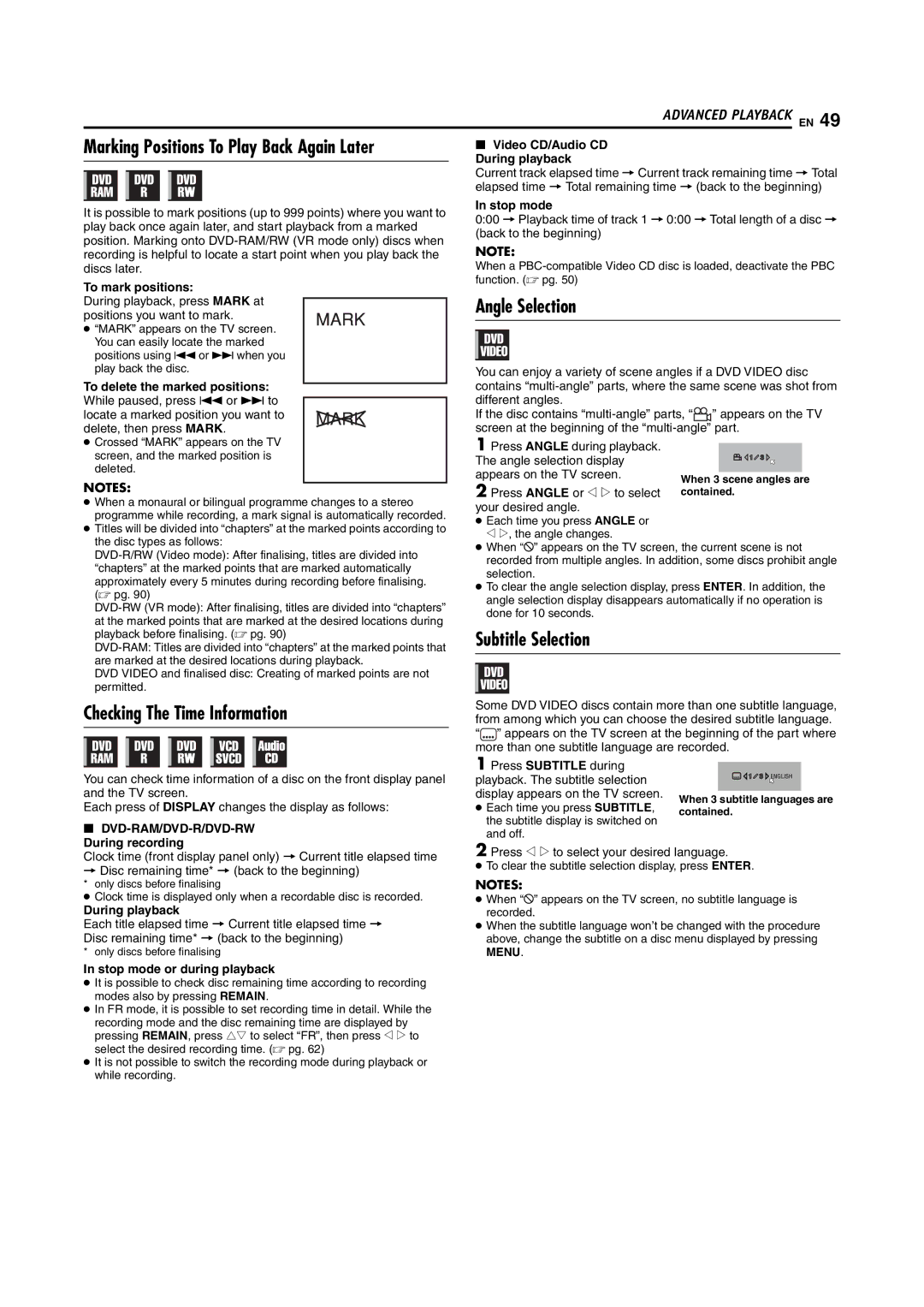 JVC DR-MV5SE manual Angle Selection, Subtitle Selection Checking The Time Information 