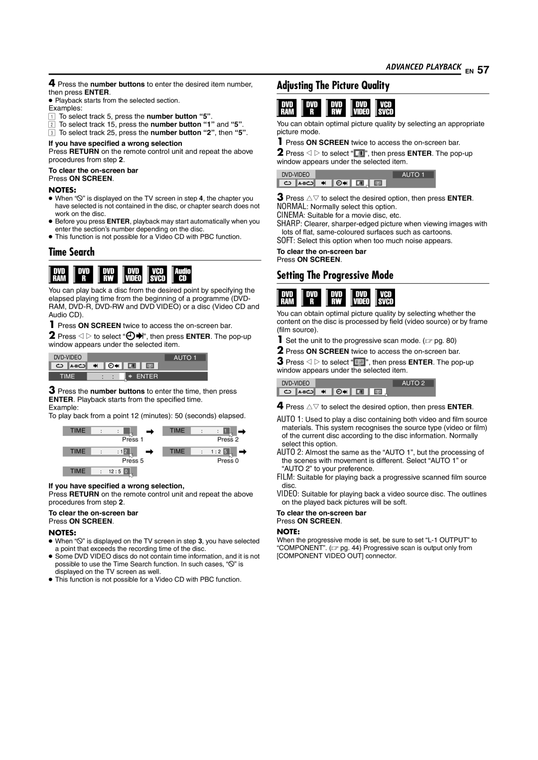 JVC DR-MV5SE manual Time Search, Setting The Progressive Mode, If you have specified a wrong selection 