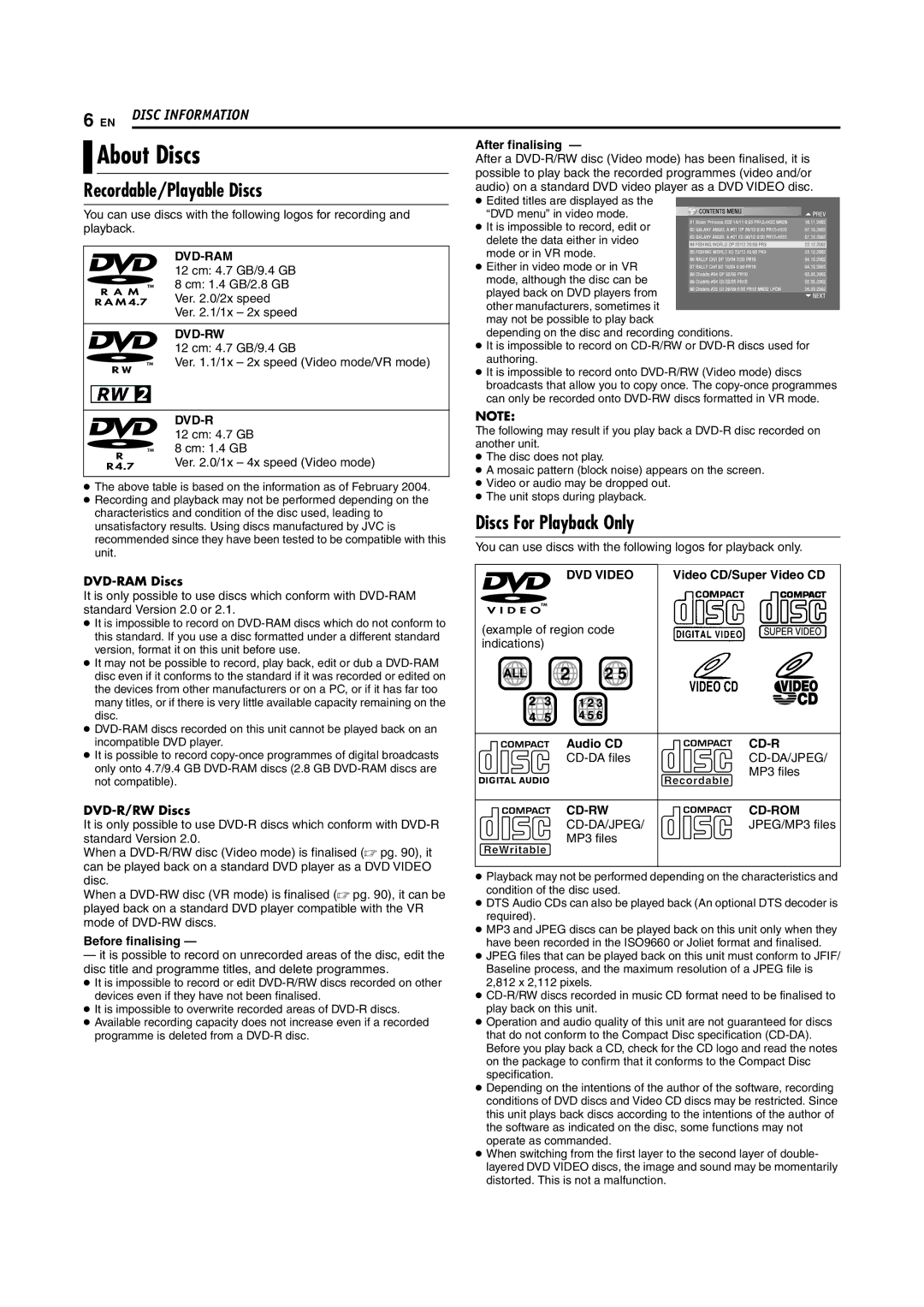 JVC DR-MV5SE manual About Discs, Recordable/Playable Discs, Discs For Playback Only, DVD-RAM Discs, DVD-R/RW Discs 