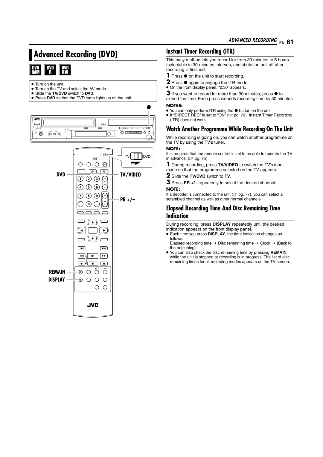 JVC DR-MV5SE manual Advanced Recording DVD, Instant Timer Recording ITR, Dvd Tv/Video, Remain Display 