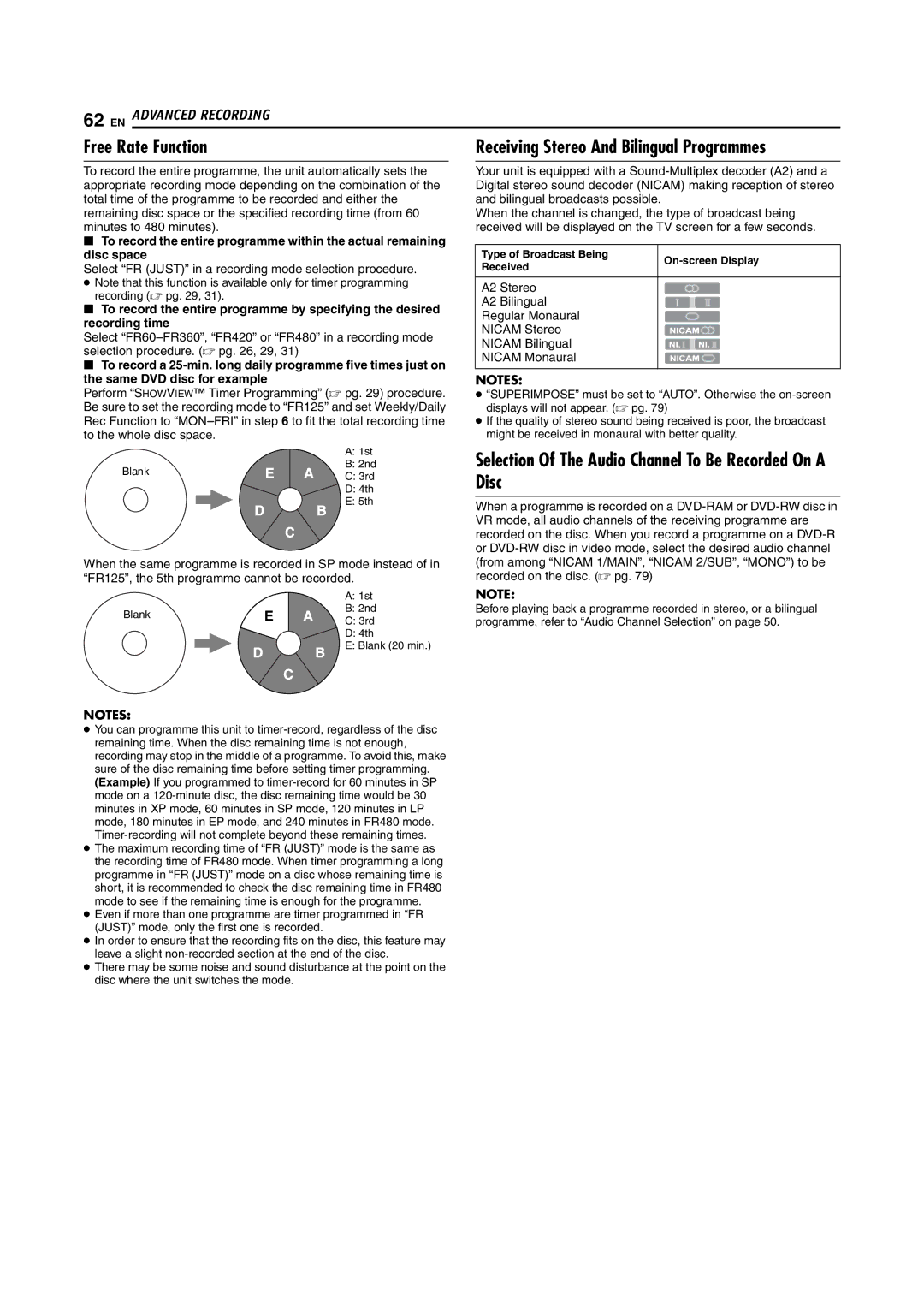 JVC DR-MV5SE manual Free Rate Function, Selection Of The Audio Channel To Be Recorded On a Disc 