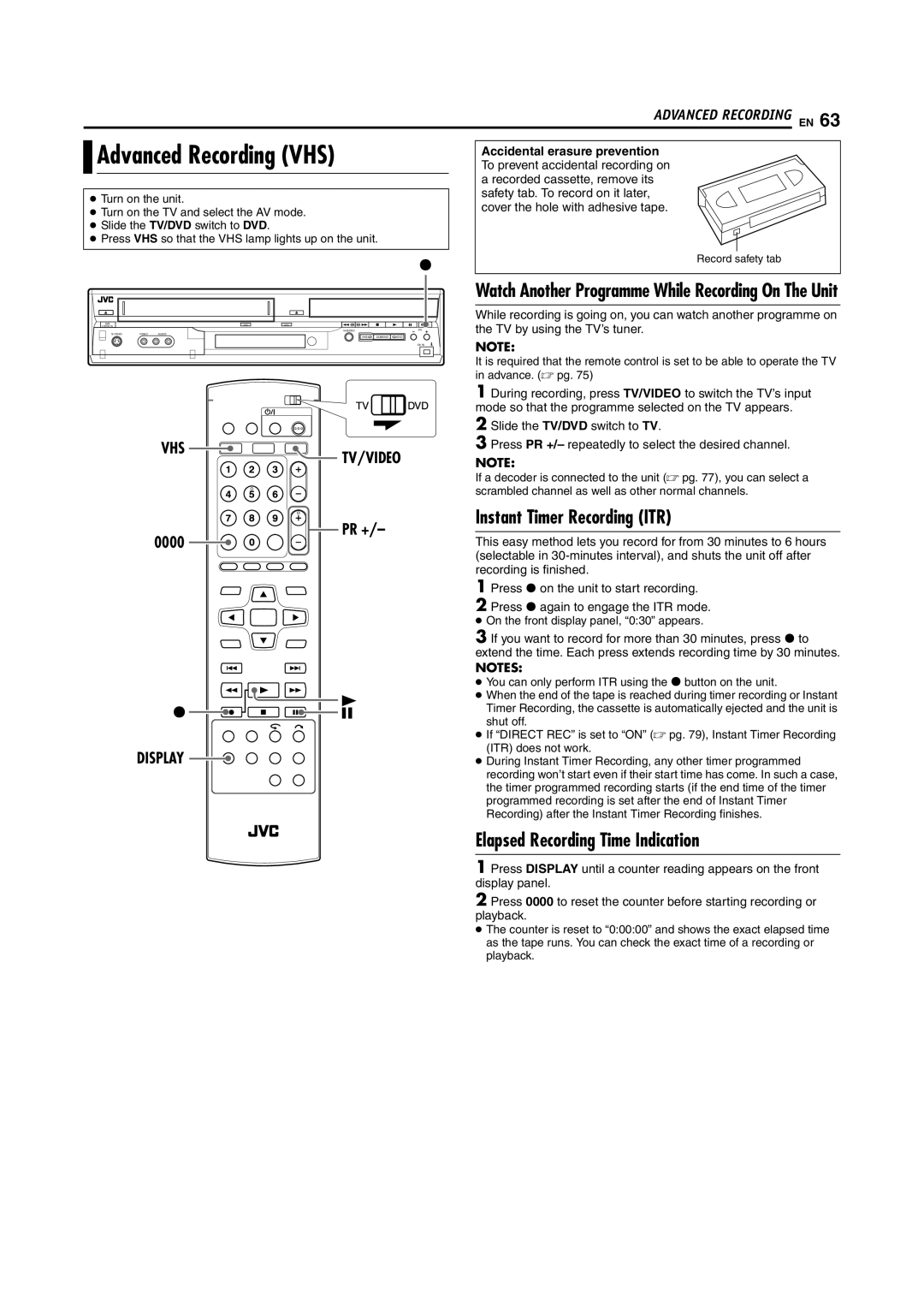 JVC DR-MV5SE Advanced Recording VHS, Elapsed Recording Time Indication, 0000, Tv/Video, Accidental erasure prevention 