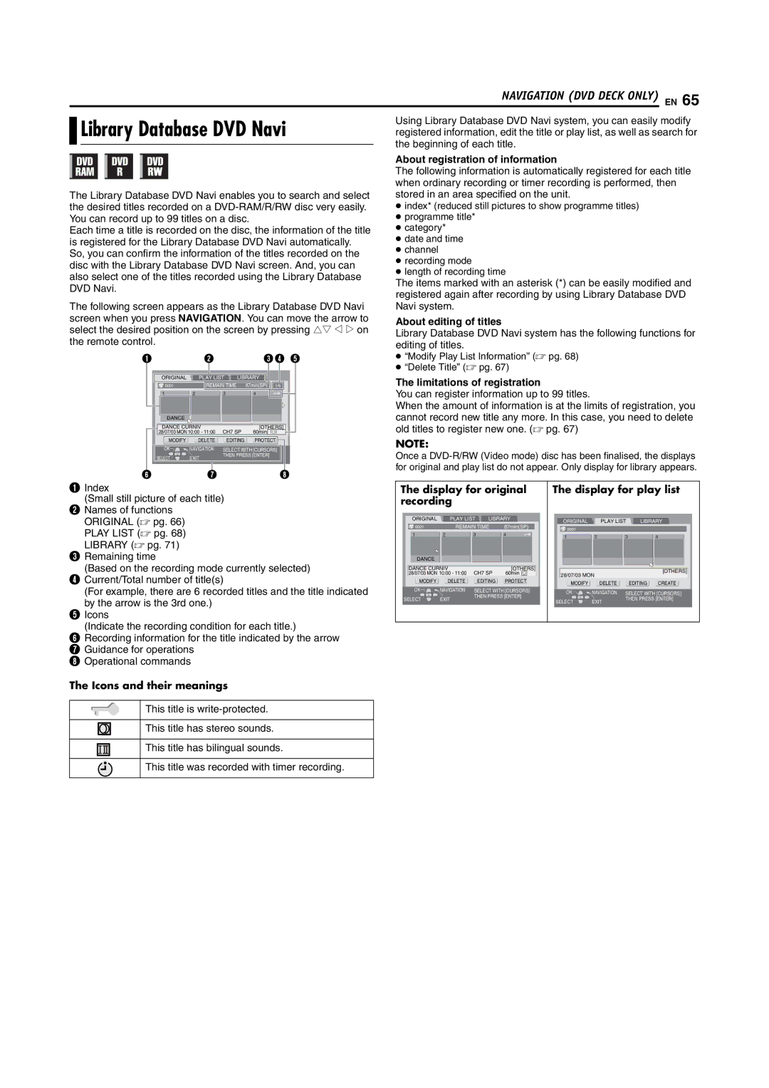 JVC DR-MV5SE Library Database DVD Navi, Display for original Display for play list Recording, Icons and their meanings 