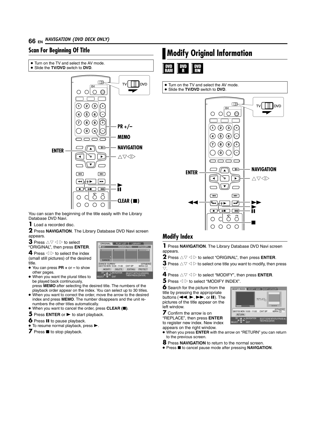 JVC DR-MV5SE manual Scan For Beginning Of Title, Modify Index, Memo Enter Navigation 