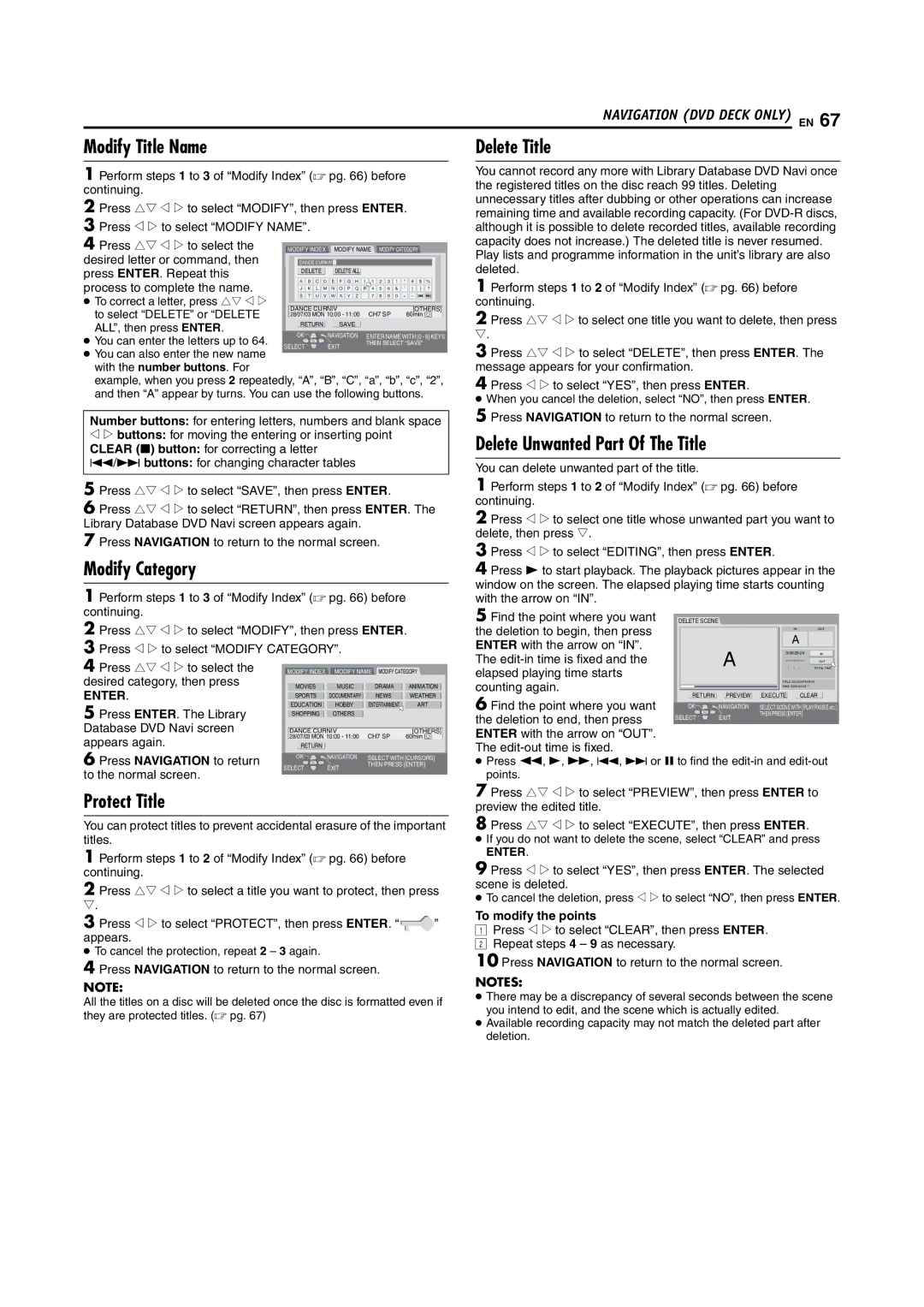 JVC DR-MV5SE manual Modify Title Name, Modify Category, Delete Title, Delete Unwanted Part Of The Title, Protect Title 