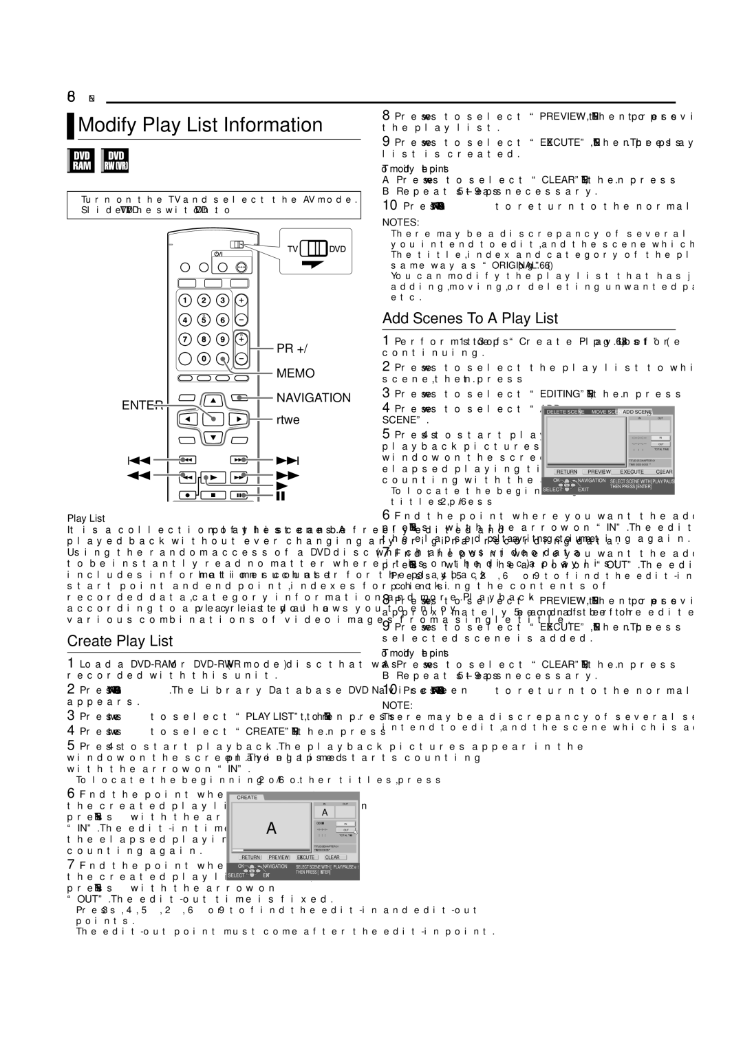 JVC DR-MV5SE manual Modify Play List Information, Add Scenes To a Play List, Create Play List, Memo 