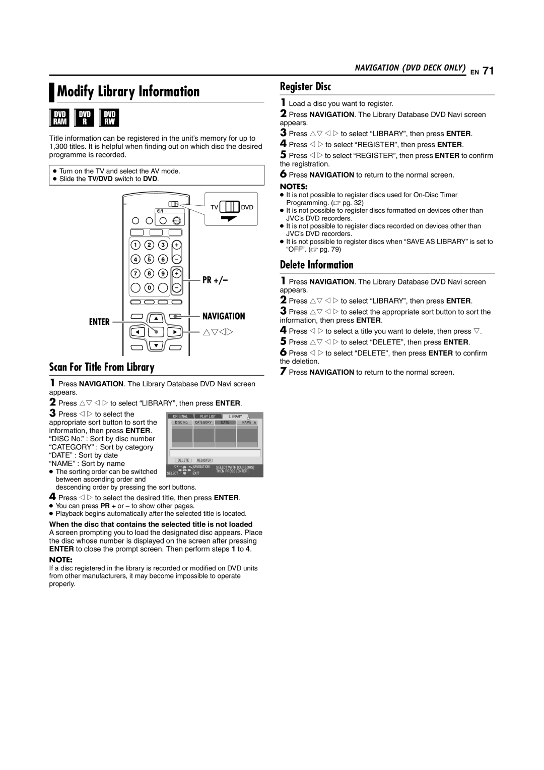 JVC DR-MV5SE manual Modify Library Information, Scan For Title From Library, Register Disc, Delete Information 