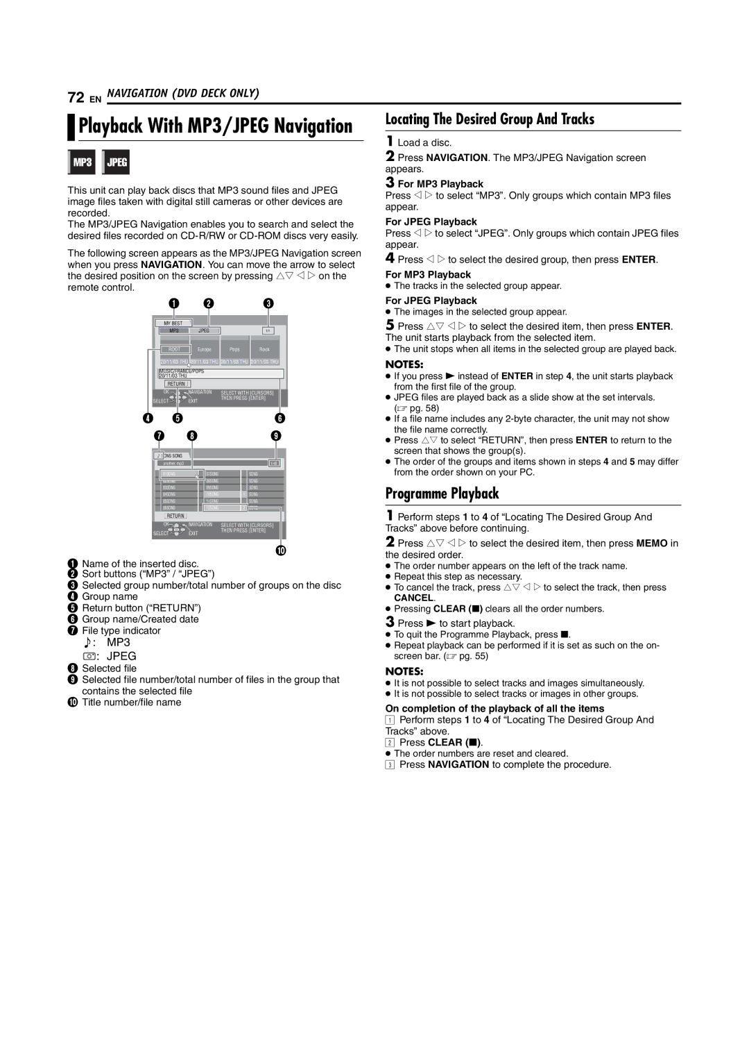 JVC DR-MV5SE manual Locating The Desired Group And Tracks, For MP3 Playback, For Jpeg Playback, Press Clear 