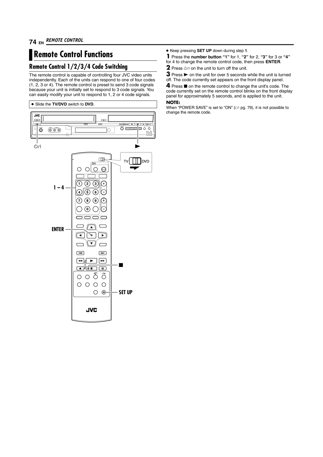 JVC DR-MV5SE Remote Control Functions, Remote Control 1/2/3/4 Code Switching, Press 1 on the unit to turn off the unit 