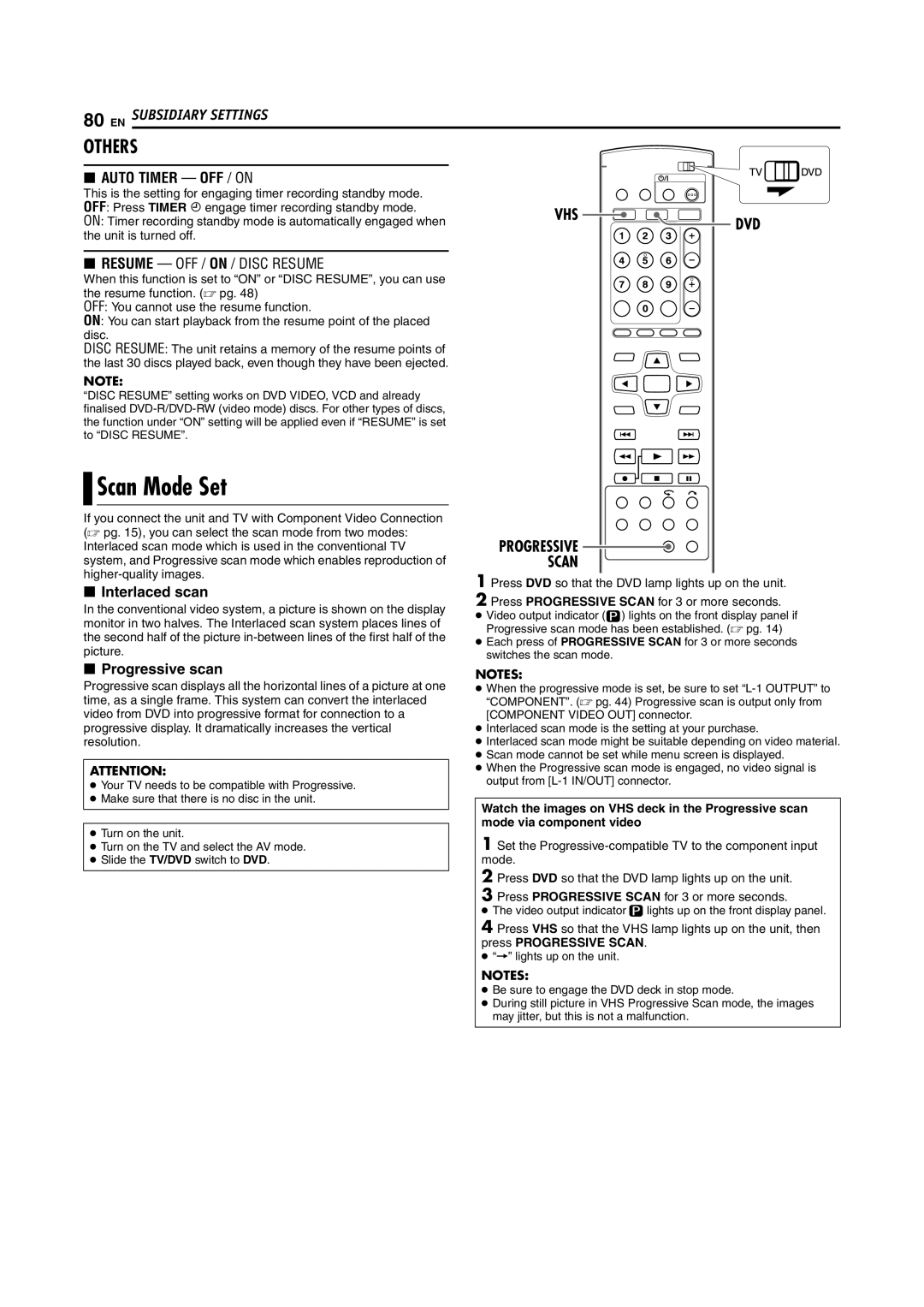 JVC DR-MV5SE manual Scan Mode Set, Progressive Scan, Unit is turned off 