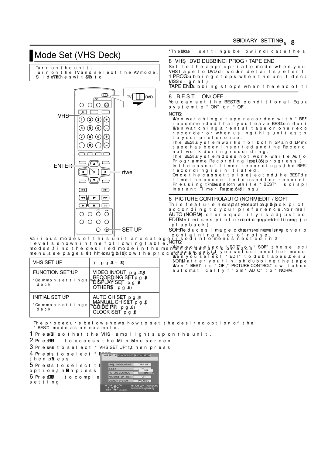 JVC DR-MV5SE manual Mode Set VHS Deck, VHS Enter, Then press Enter Press rt to select the desired 