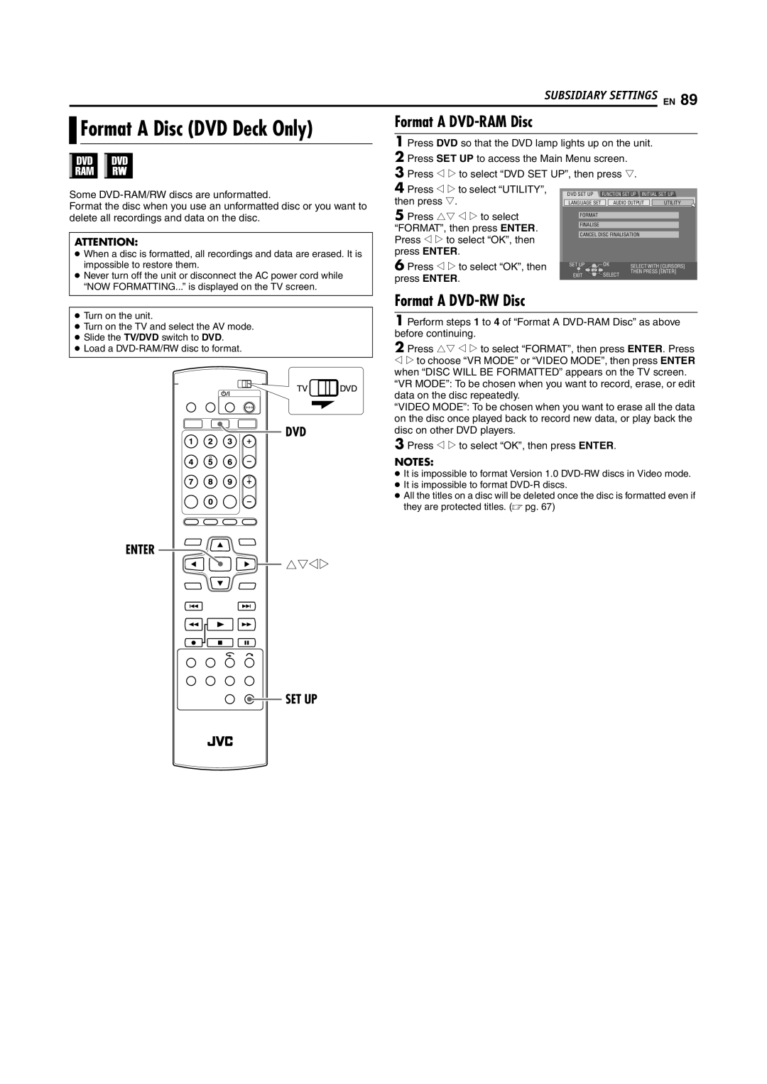 JVC DR-MV5SE manual Format a Disc DVD Deck Only, Format a DVD-RAM Disc, Format a DVD-RW Disc, Then press t 