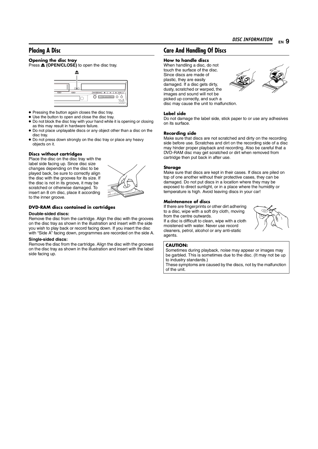 JVC DR-MV5SE manual Placing a Disc, Care And Handling Of Discs 