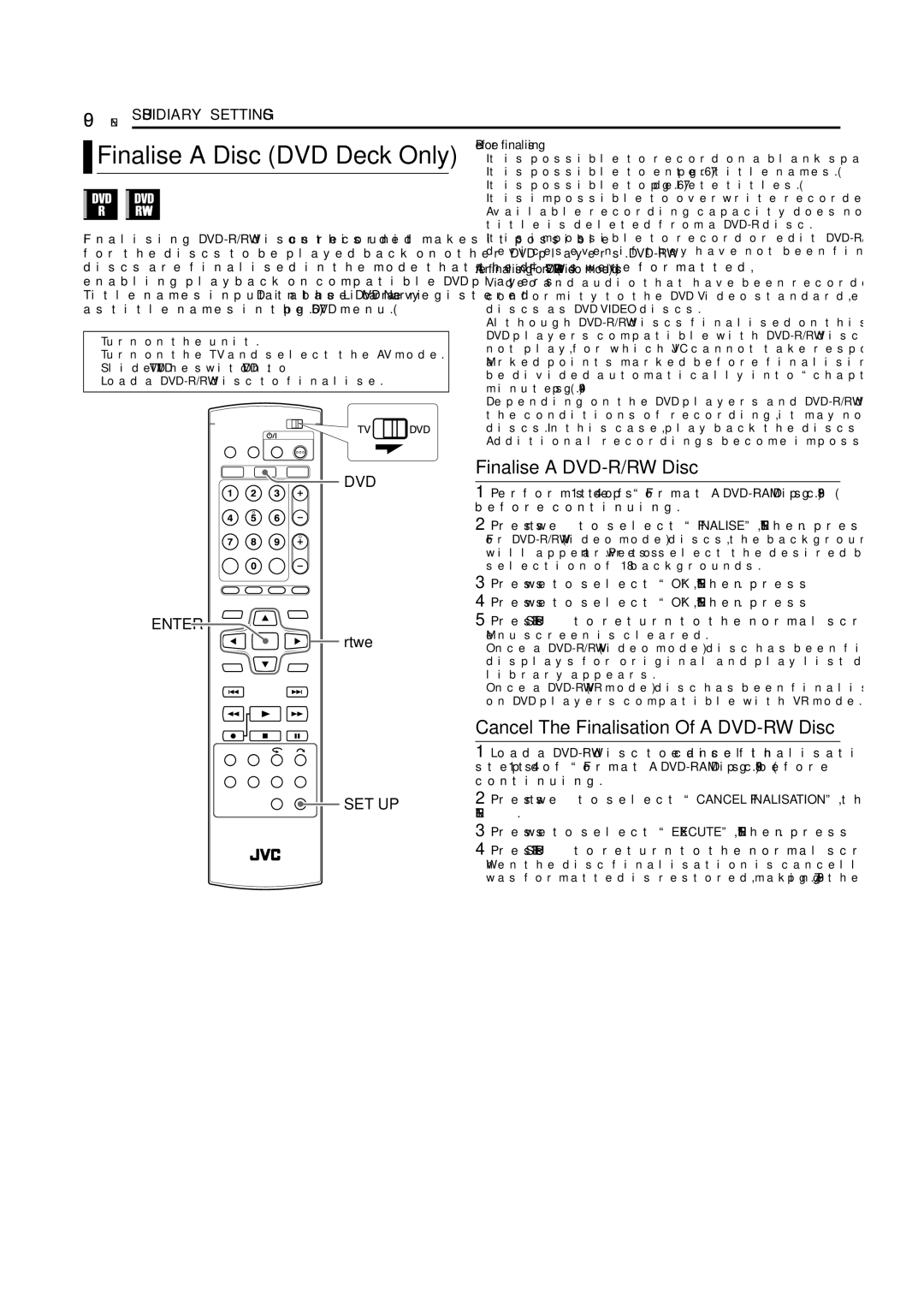 JVC DR-MV5SE manual Finalise a DVD-R/RW Disc, DVD Enter, After finalising For DVD-R/RW Video mode discs 