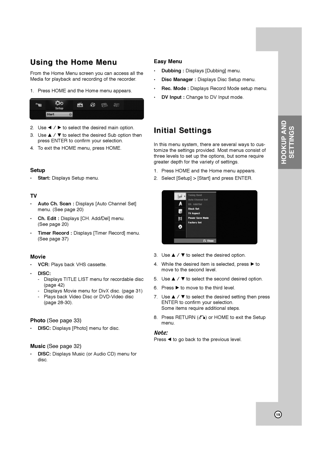 JVC RCJ106M_NA1UJJ_ENG, DR-MV7SU manual Using the Home Menu, Initial Settings, Easy Menu, Setup, Movie 