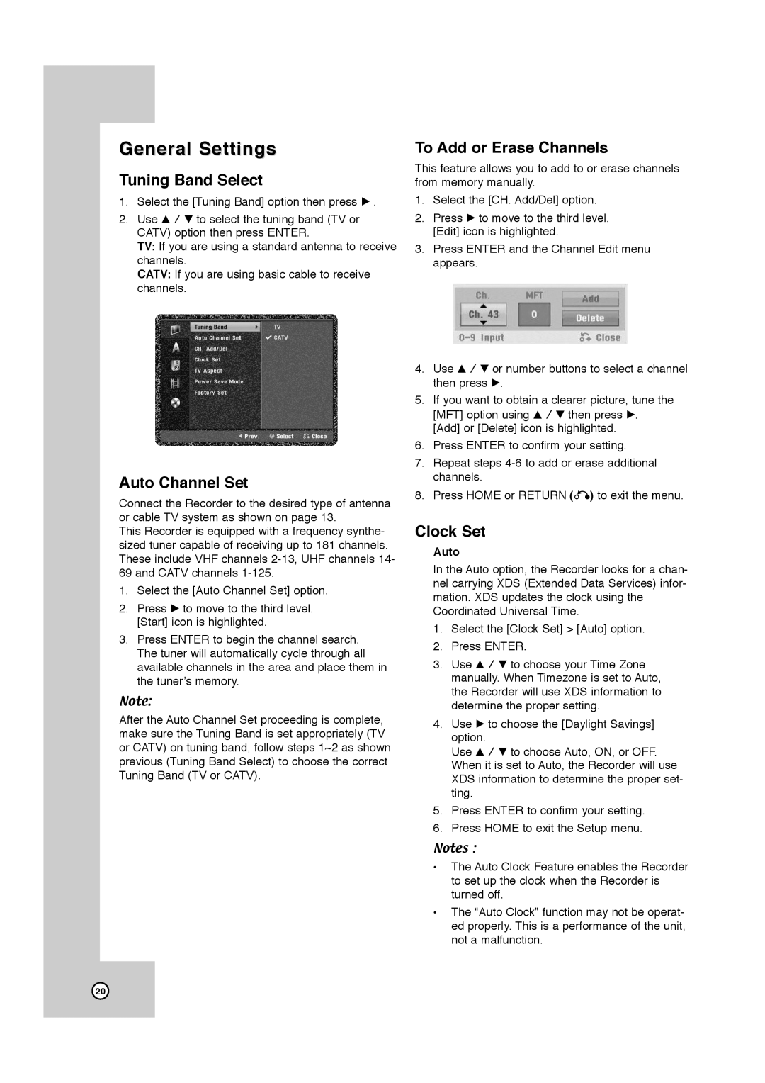 JVC DR-MV7SU manual General Settings, Tuning Band Select, Auto Channel Set, To Add or Erase Channels, Clock Set 