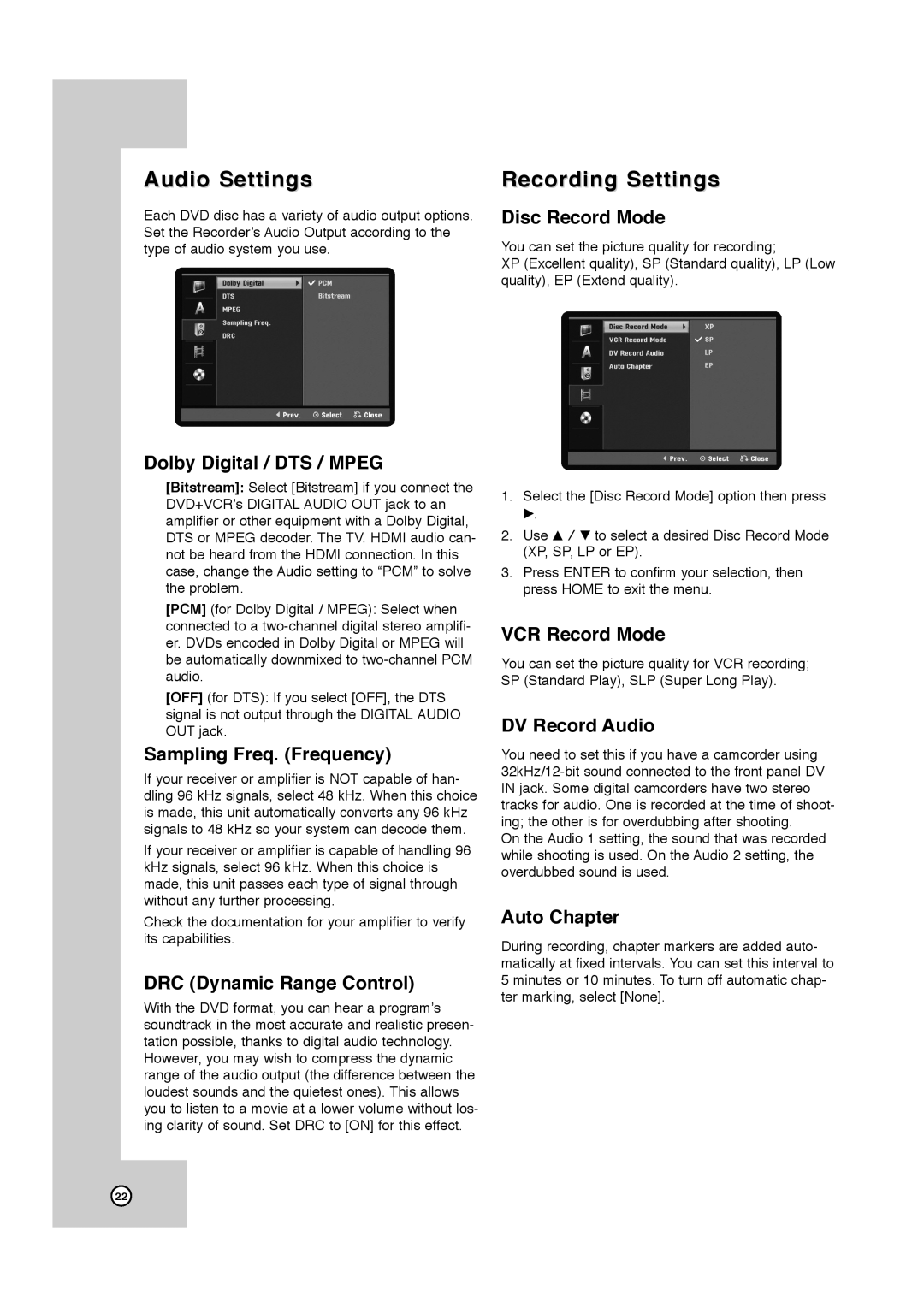 JVC DR-MV7SU, RCJ106M_NA1UJJ_ENG manual Audio Settings, Recording Settings 