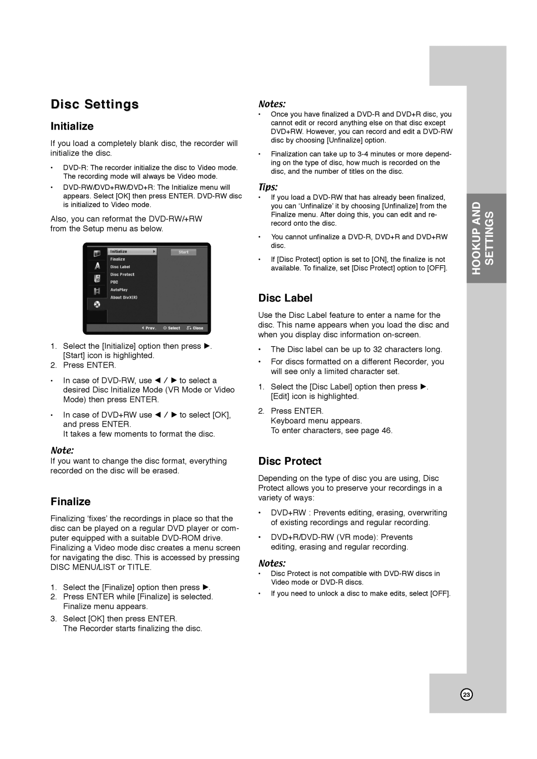 JVC RCJ106M_NA1UJJ_ENG, DR-MV7SU manual Disc Settings, Initialize, Finalize, Disc Label, Disc Protect 