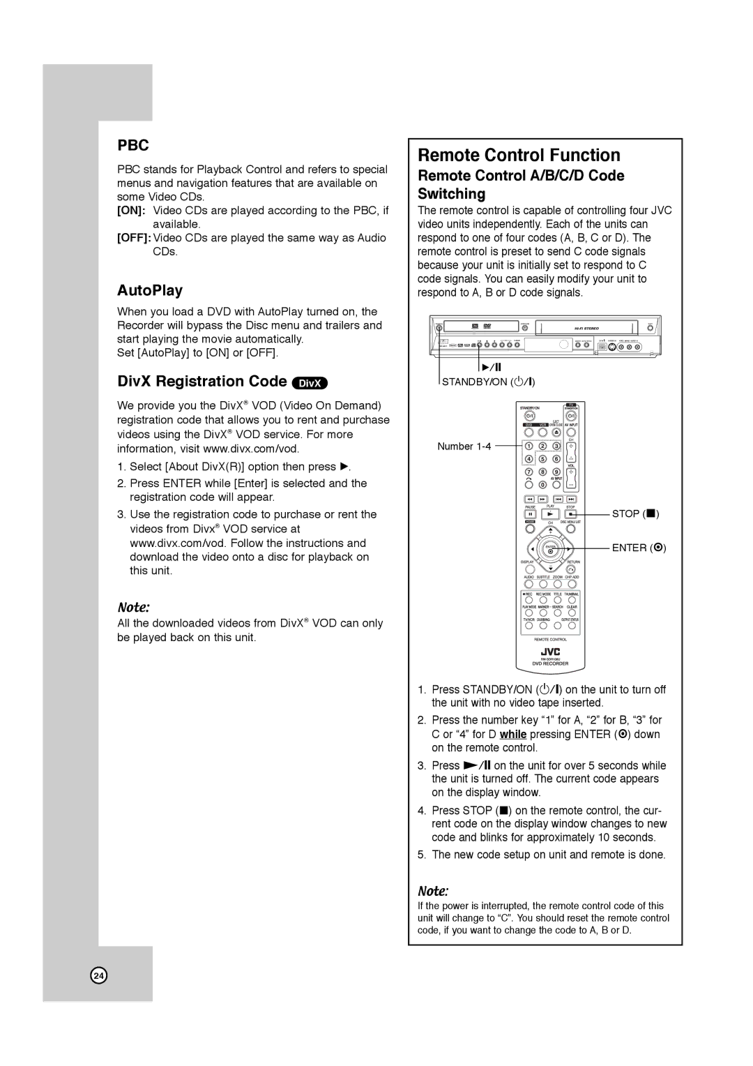 JVC DR-MV7SU manual Remote Control Function, AutoPlay, DivX Registration Code DivX, Remote Control A/B/C/D Code Switching 