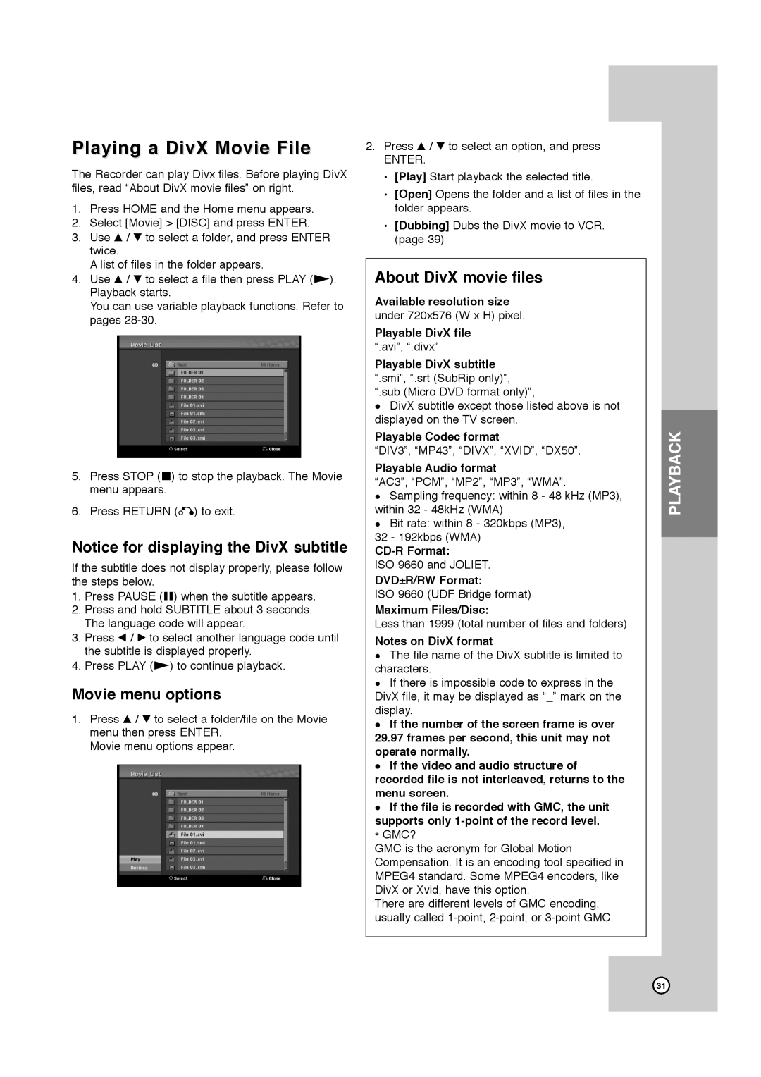 JVC RCJ106M_NA1UJJ_ENG, DR-MV7SU manual Playing a DivX Movie File, Movie menu options, About DivX movie files 