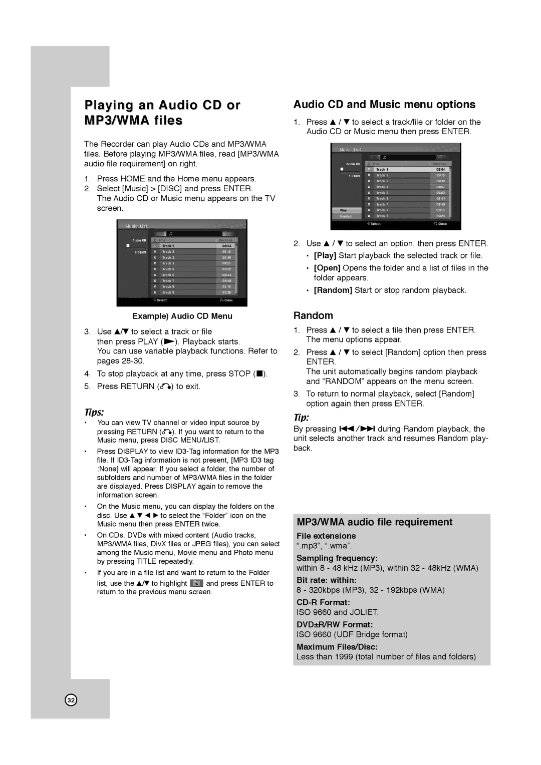 JVC DR-MV7SU, RCJ106M_NA1UJJ_ENG manual Playing an Audio CD or MP3/WMA files, Audio CD and Music menu options 