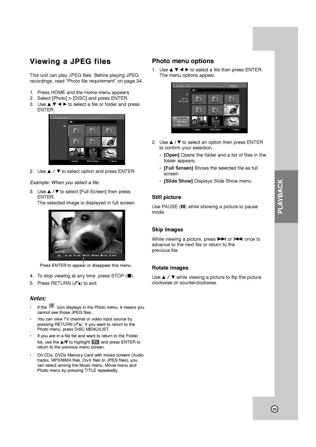 JVC RCJ106M_NA1UJJ_ENG, DR-MV7SU manual Viewing a Jpeg files, Photo menu options, Still picture, Skip Images, Rotate Images 