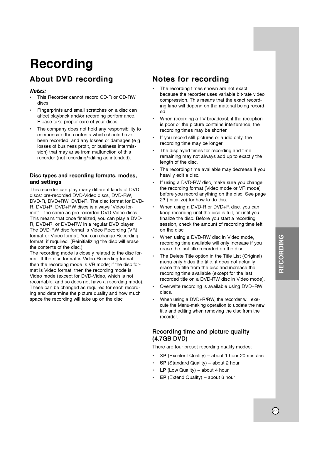 JVC RCJ106M_NA1UJJ_ENG, DR-MV7SU manual About DVD recording, Disc types and recording formats, modes, and settings 