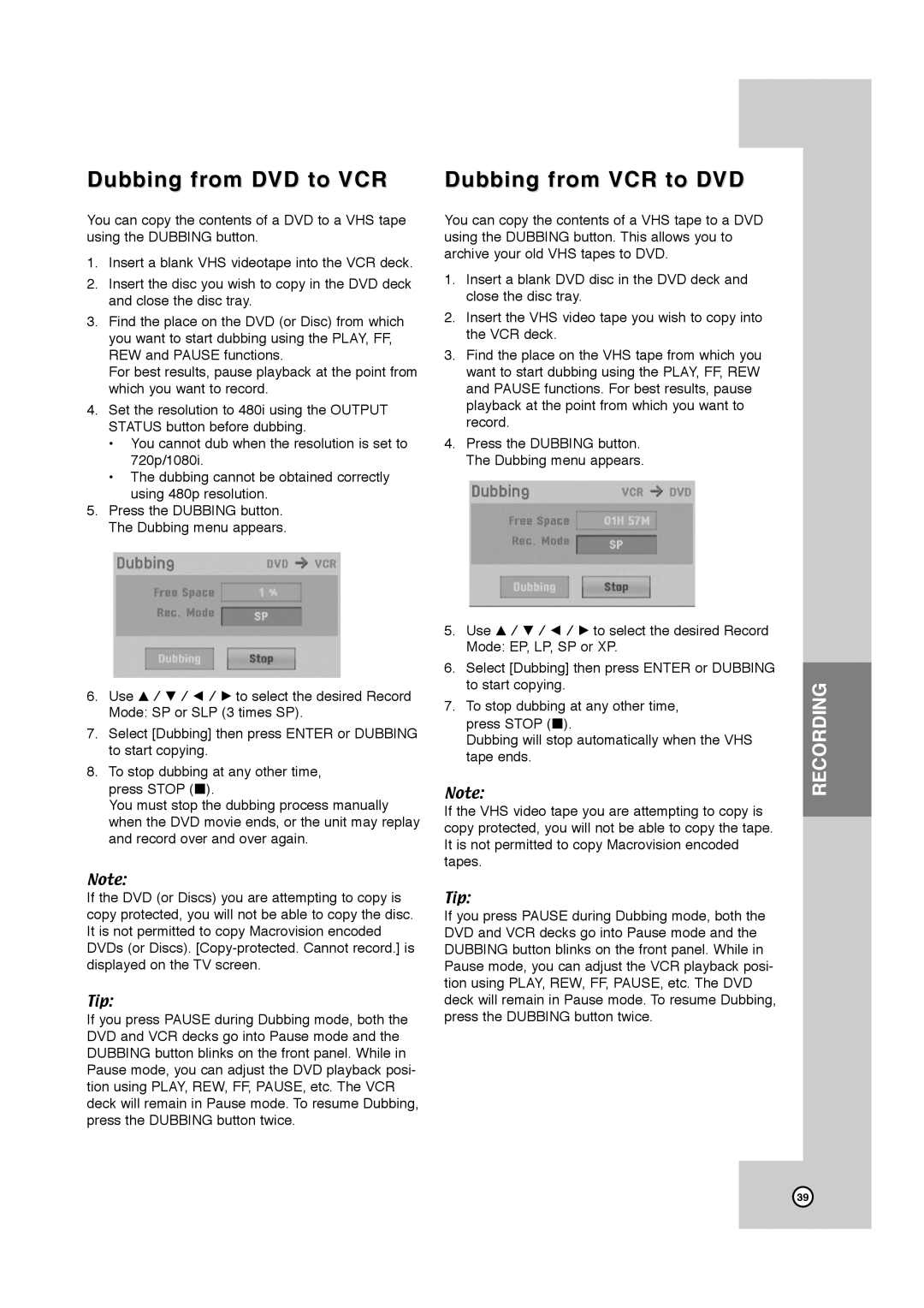 JVC RCJ106M_NA1UJJ_ENG, DR-MV7SU manual Dubbing from DVD to VCR, Dubbing from VCR to DVD 