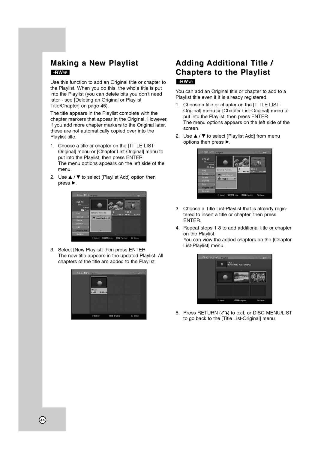 JVC DR-MV7SU, RCJ106M_NA1UJJ_ENG manual Making a New Playlist, Adding Additional Title / Chapters to the Playlist 