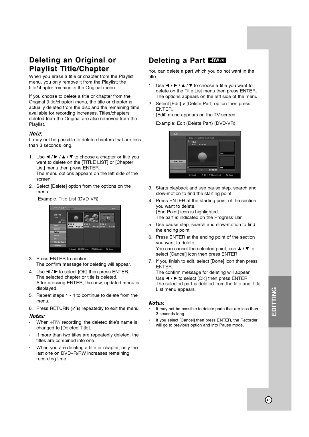 JVC RCJ106M_NA1UJJ_ENG, DR-MV7SU manual Deleting an Original or Playlist Title/Chapter, Deleting a Part -RWVR 