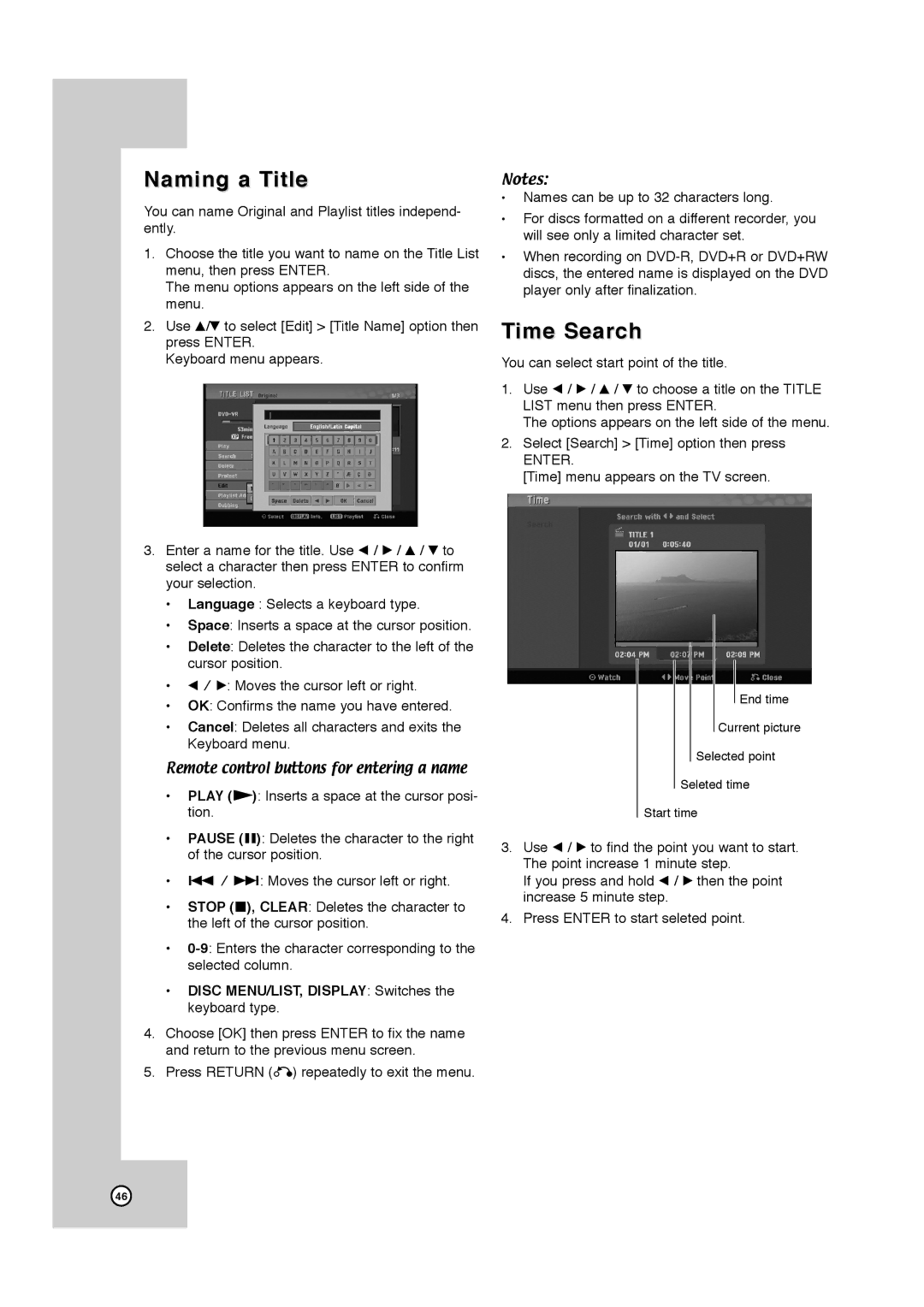 JVC DR-MV7SU, RCJ106M_NA1UJJ_ENG manual Naming a Title, Time Search, Disc MENU/LIST, Display Switches the keyboard type 