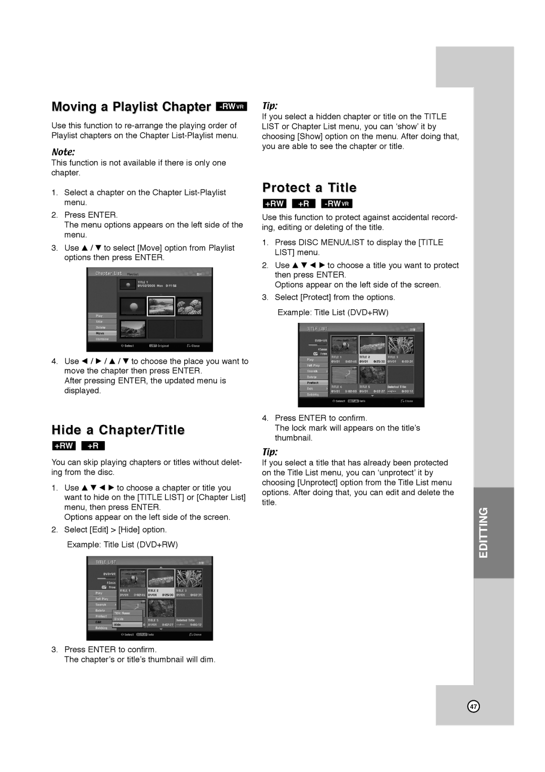 JVC RCJ106M_NA1UJJ_ENG, DR-MV7SU manual Moving a Playlist Chapter -RWVR, Protect a Title, Hide a Chapter/Title 