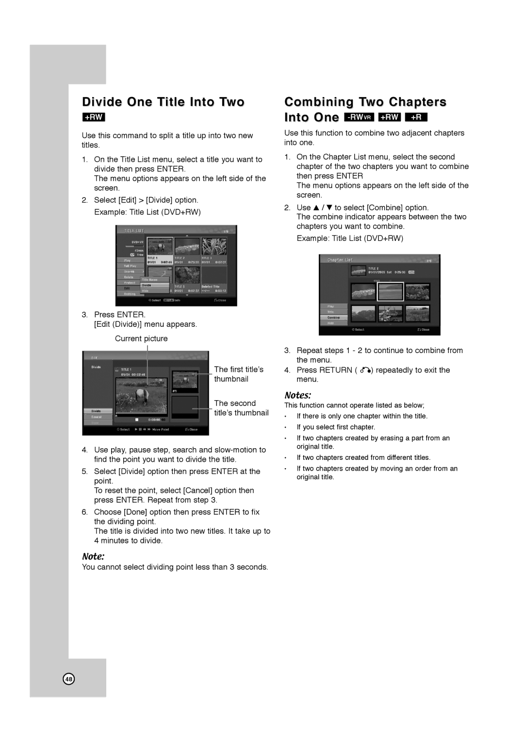 JVC DR-MV7SU, RCJ106M_NA1UJJ_ENG manual Divide One Title Into Two, Combining Two Chapters Into One -RWVR+RW +R 