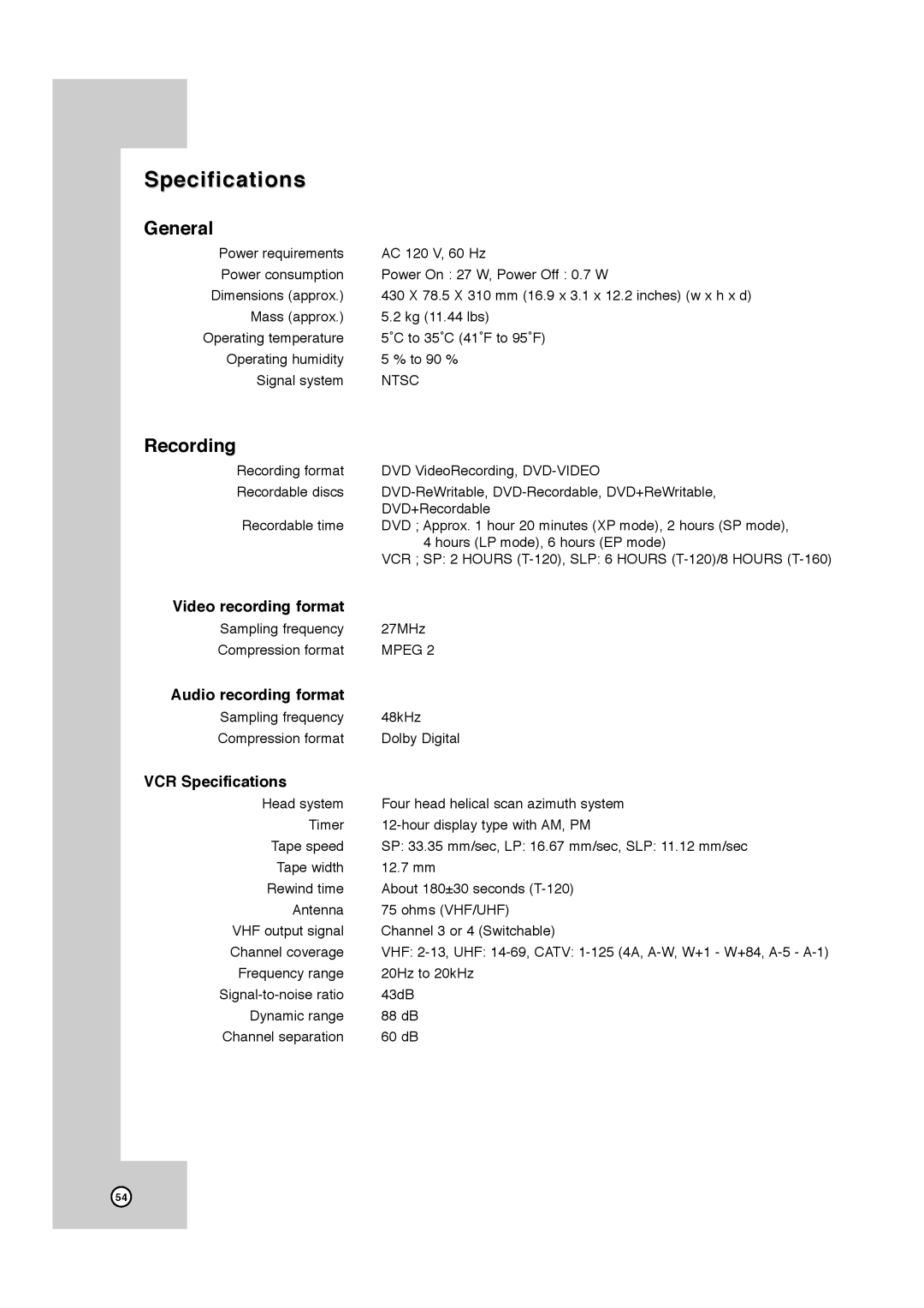 JVC DR-MV7SU, RCJ106M_NA1UJJ_ENG manual Specifications, General, Recording 