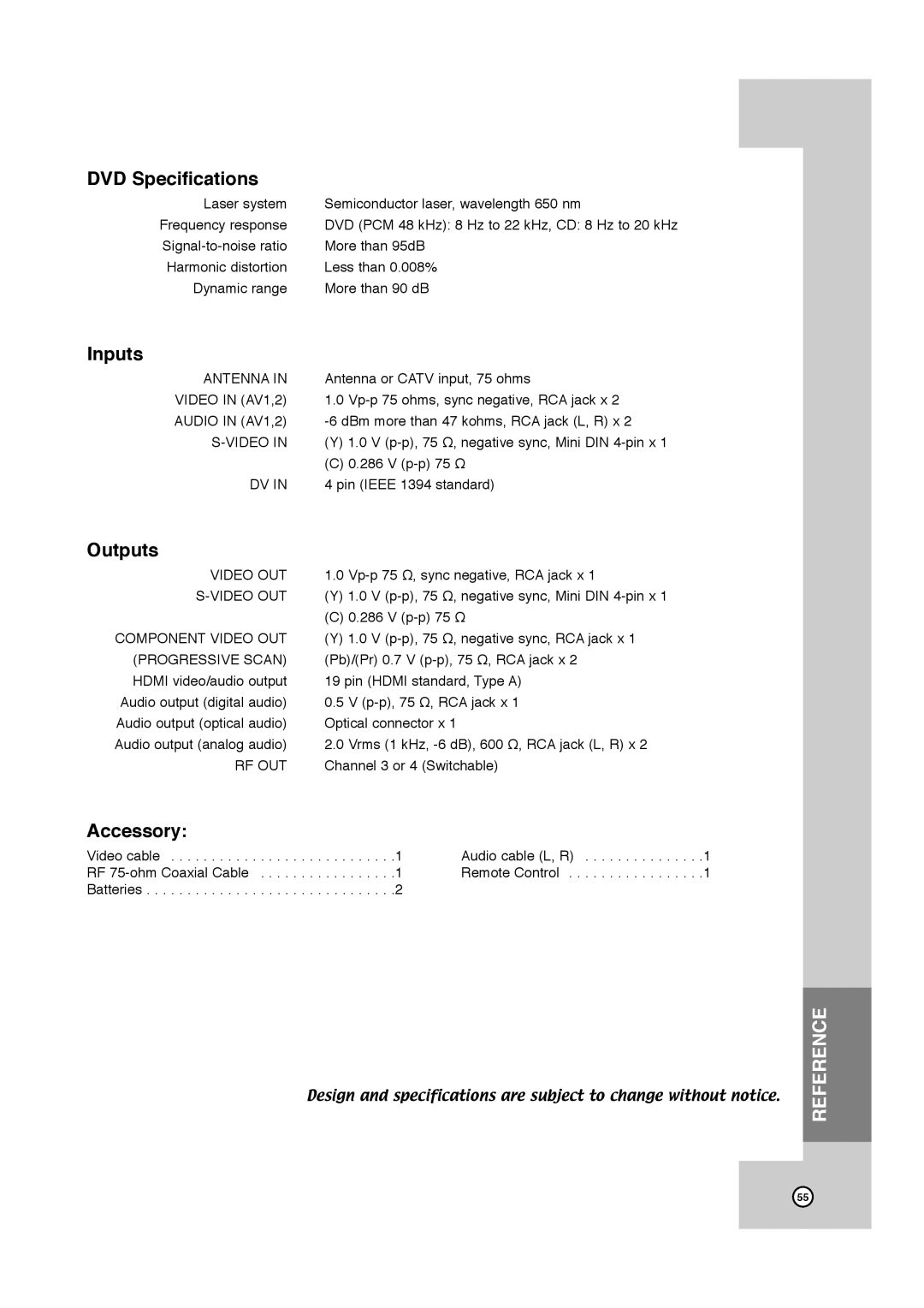 JVC RCJ106M_NA1UJJ_ENG, DR-MV7SU manual DVD Specifications, Inputs, Outputs, Accessory 