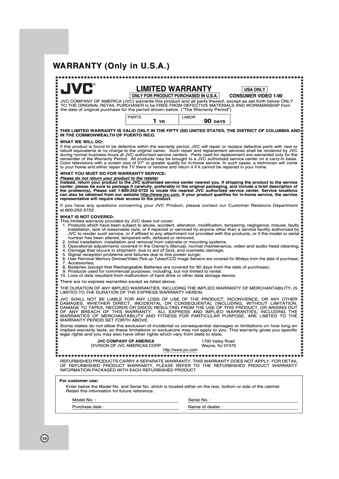 JVC DR-MV7SU, RCJ106M_NA1UJJ_ENG manual Warranty Only in U.S.A 