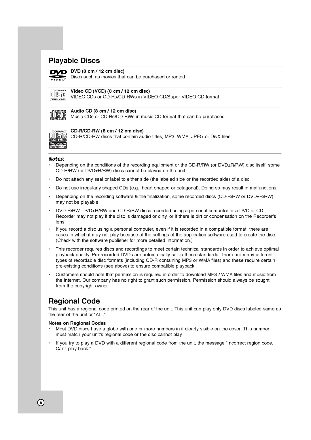 JVC DR-MV7SU, RCJ106M_NA1UJJ_ENG manual Playable Discs, Regional Code 