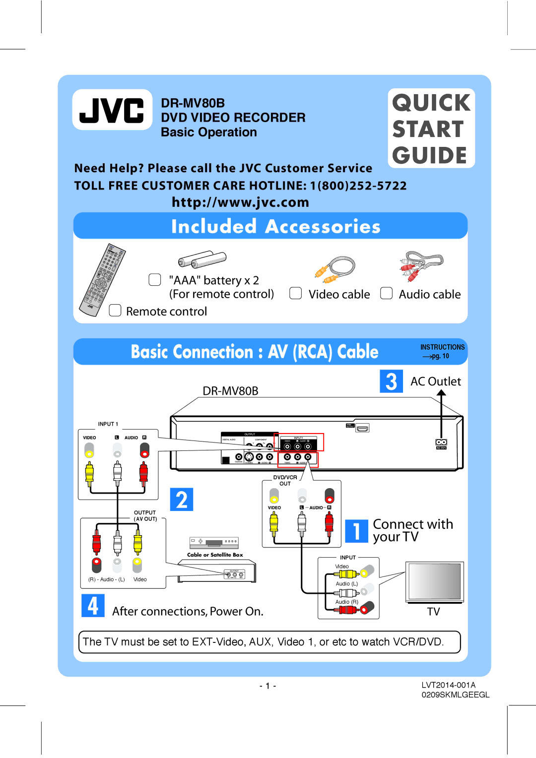 JVC DR-MV80B quick start AAA battery x For remote control Video cable, Remote control, AC Outlet 