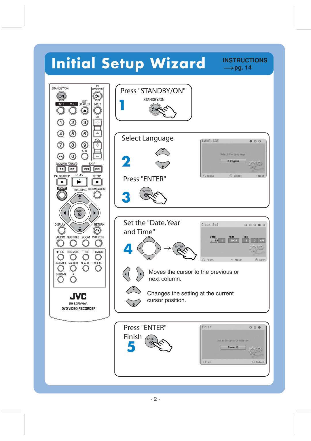 JVC DR-MV80B quick start Initial Setup Wizard Instructions, Press Enter Finish 