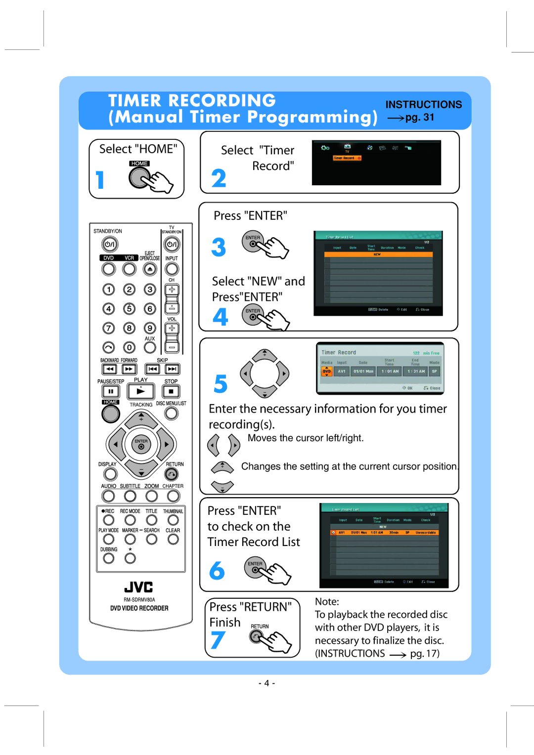 JVC DR-MV80B quick start Timer Recording 