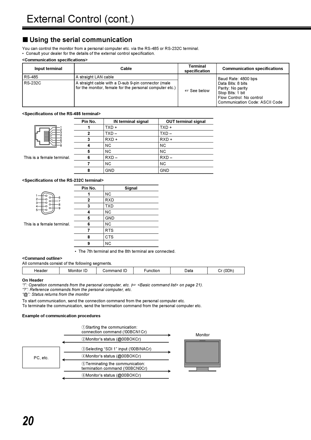 JVC DT-R17L4D, DT-R24L4D user service „ Using the serial communication 