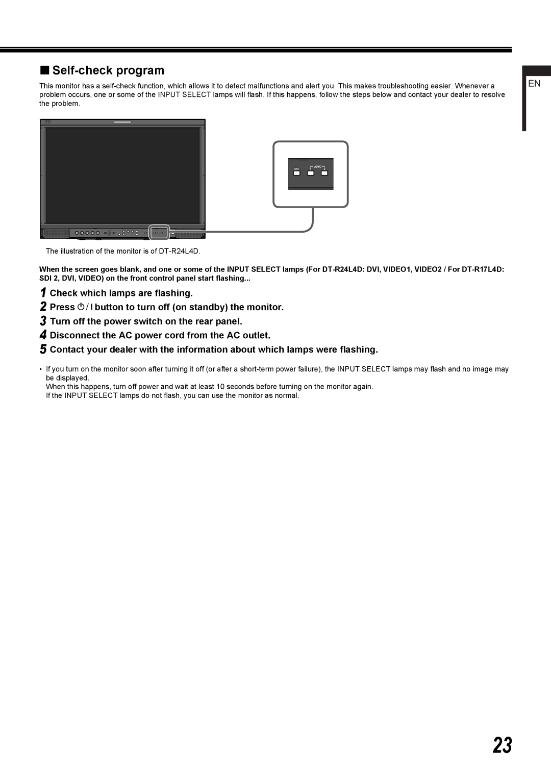 JVC DT-R24L4D, DT-R17L4D user service „ Self-check program, Check which lamps are ﬂashing 