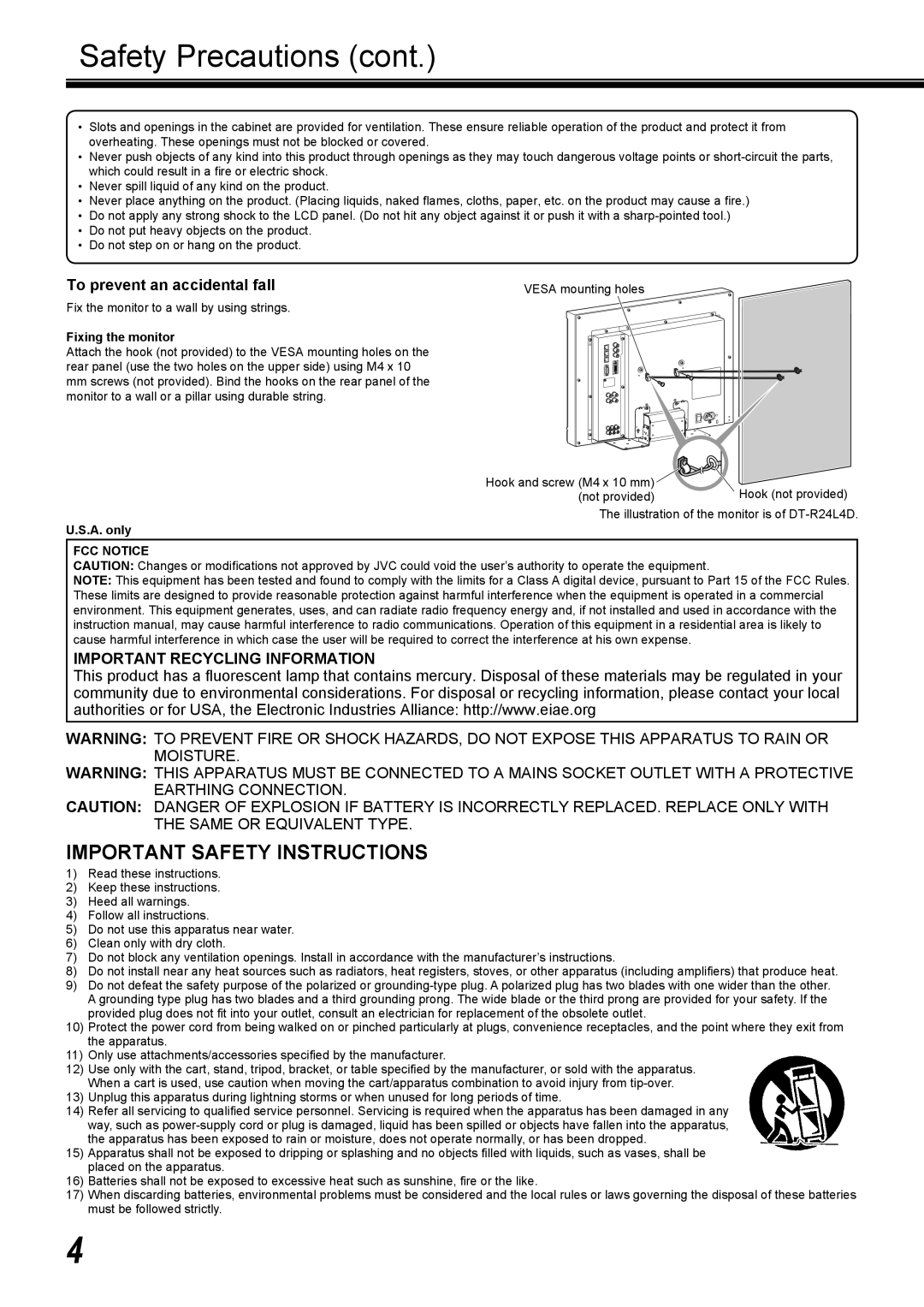 JVC DT-R17L4D To prevent an accidental fall, Important Recycling Information, Fixing the monitor, A. only, FCC Notice 