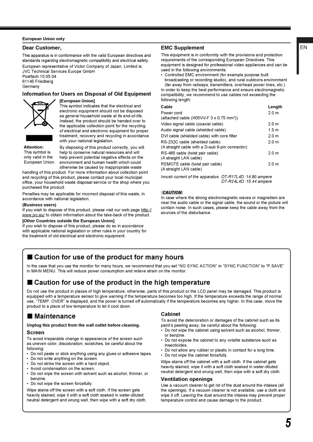 JVC DT-R24L4D „ Caution for use of the product for many hours, „ Caution for use of the product in the high temperature 