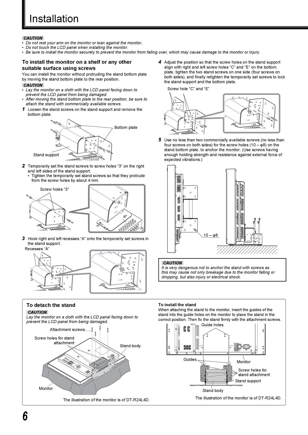 JVC DT-R17L4D, DT-R24L4D user service Installation, To detach the stand, To install the stand 