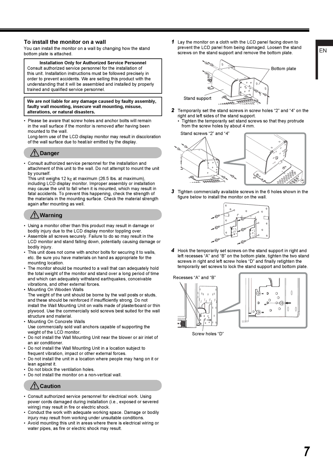 JVC DT-R24L4D, DT-R17L4D user service To install the monitor on a wall 