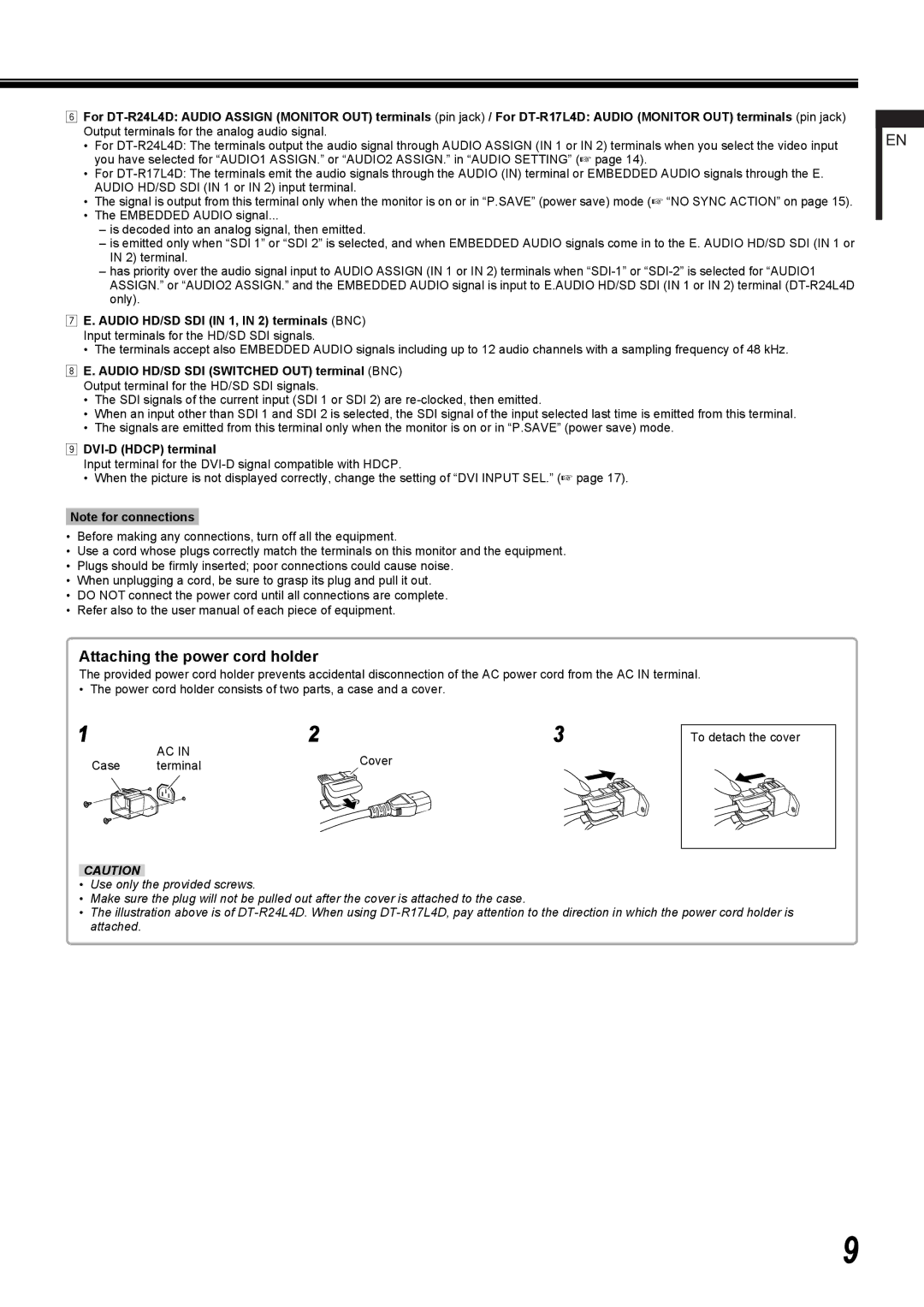 JVC DT-R24L4D, DT-R17L4D user service Attaching the power cord holder, DVI-D Hdcp terminal 